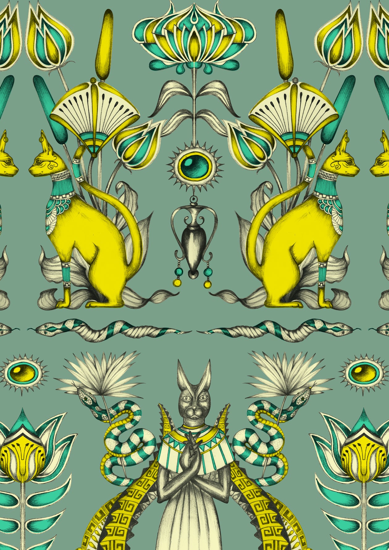 Sample roll of Nefertiti Green Grey wallpaper printed on iridescent parchment-style paper with acid yellow jewel detail.