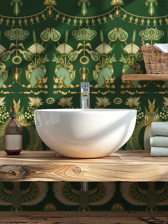Opulent bathroom wallpaper in Nefertiti Green with jade palms and Egyptian floral print.