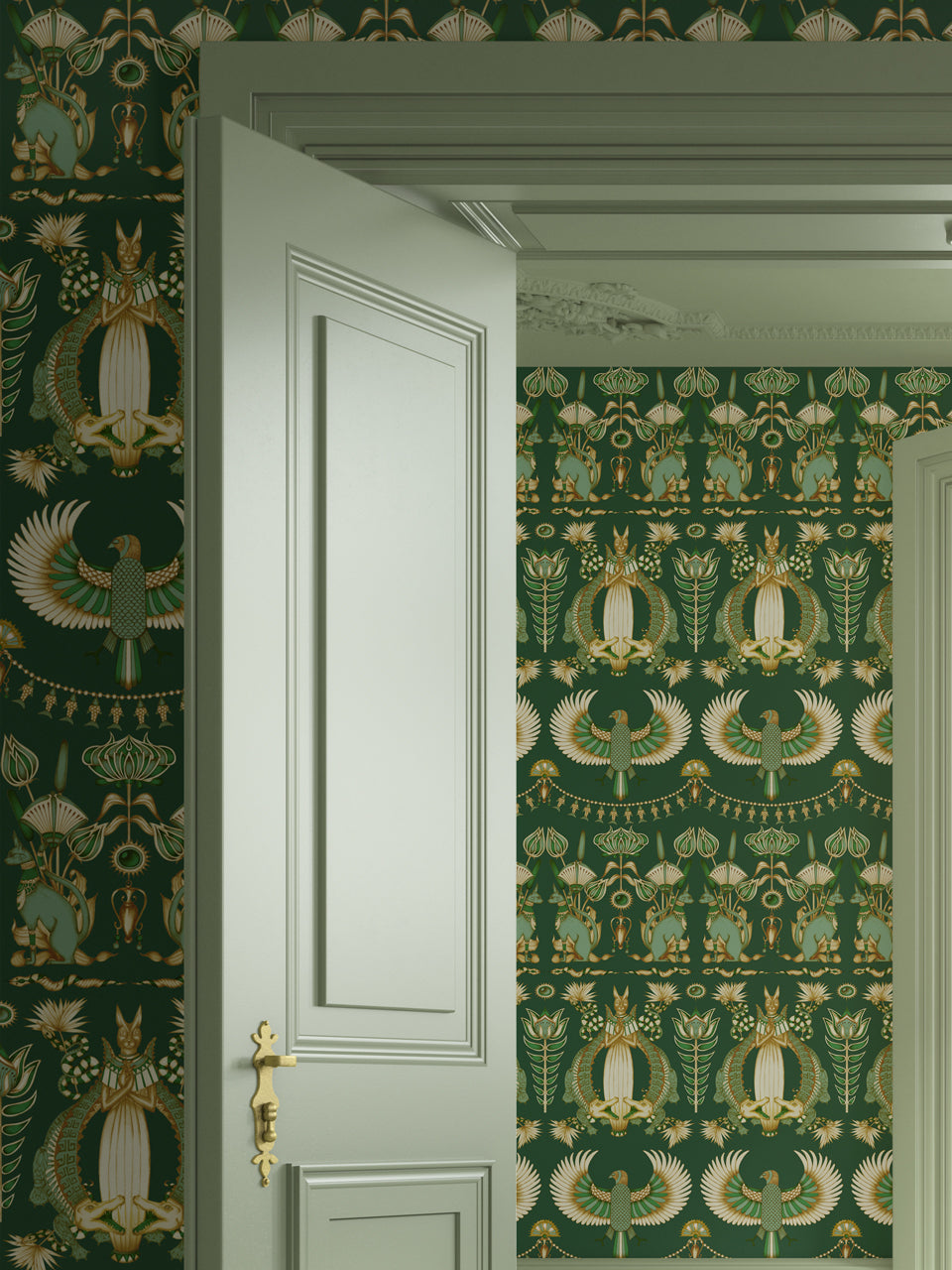 Bedroom setting with Nefertiti Green wallpaper featuring Egyptian floral motifs and gold tones.