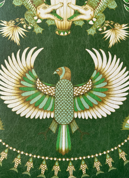 Bird and fish details on Nefertiti Green wallpaper—perfect for maximalist Egyptian style decor.