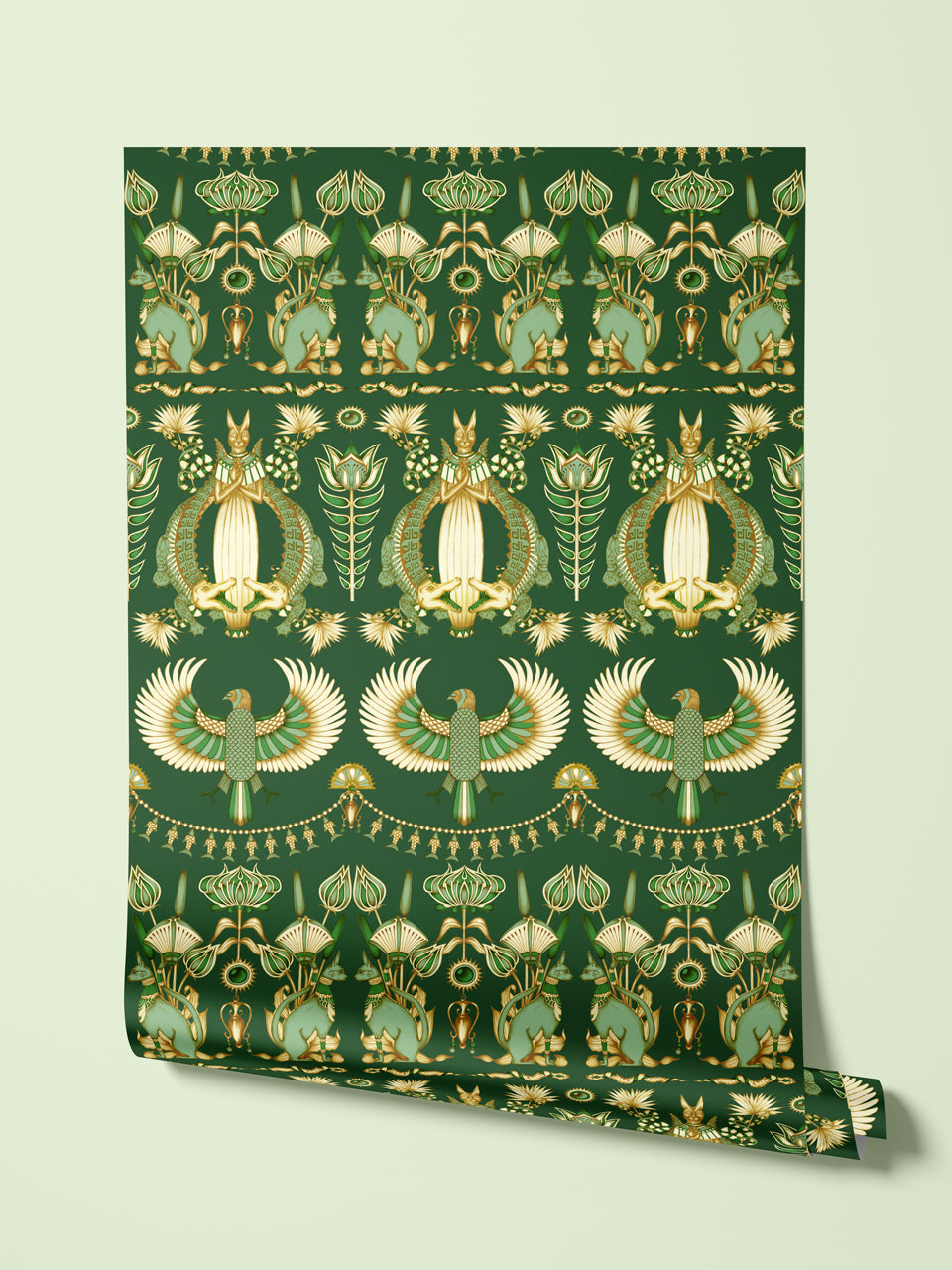 Nefertiti Green wallpaper roll hanging to show its art deco luxury pattern and gold sheen.