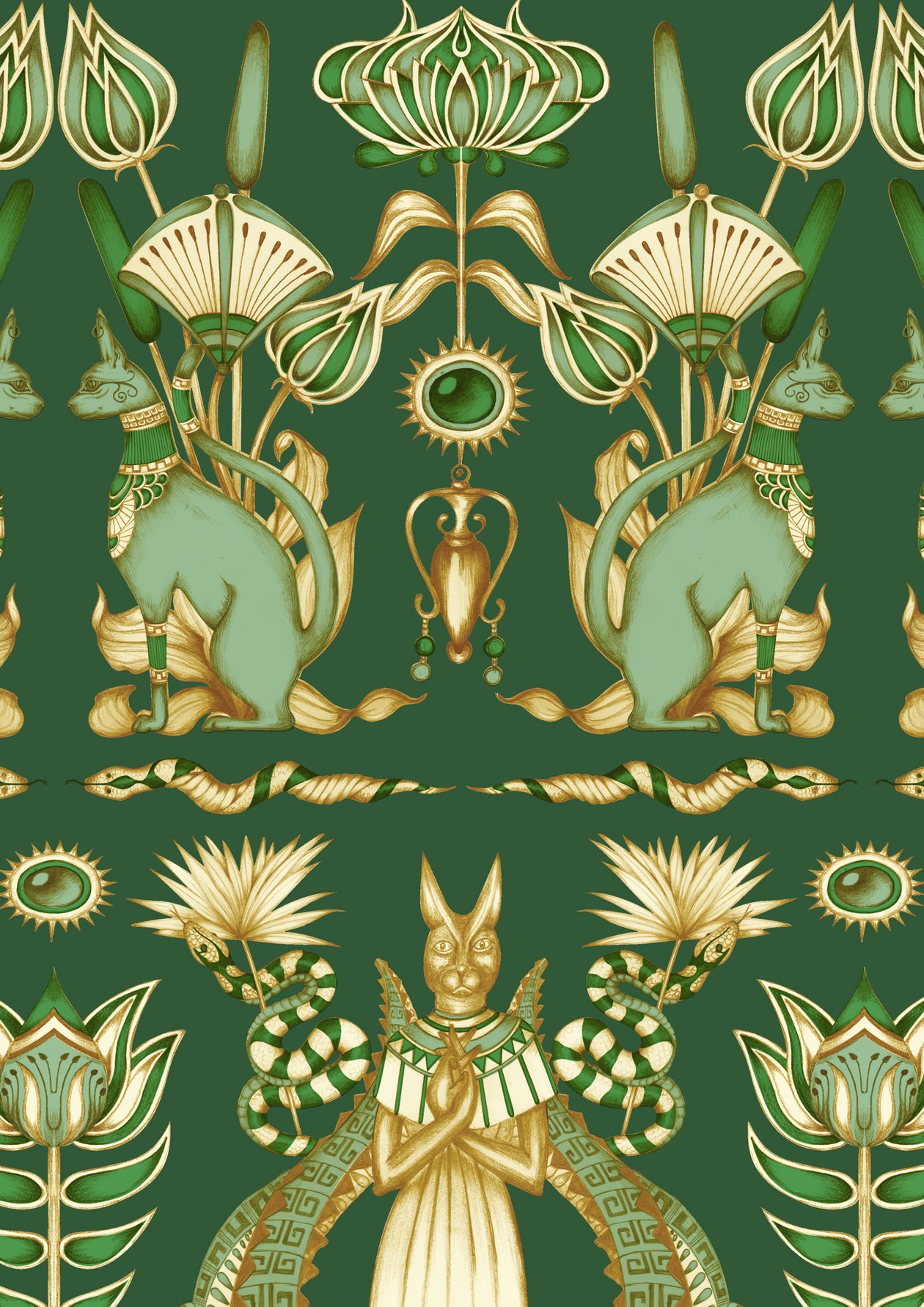 A4 sample of Nefertiti Green wallpaper featuring deep green floral and Egyptian pattern on parchment.