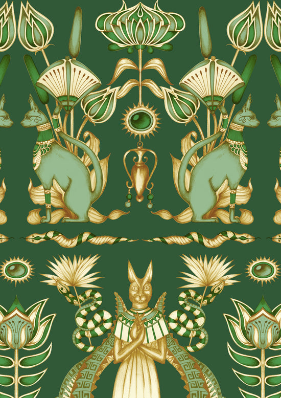 A4 sample of Nefertiti Green wallpaper featuring deep green floral and Egyptian pattern on parchment.