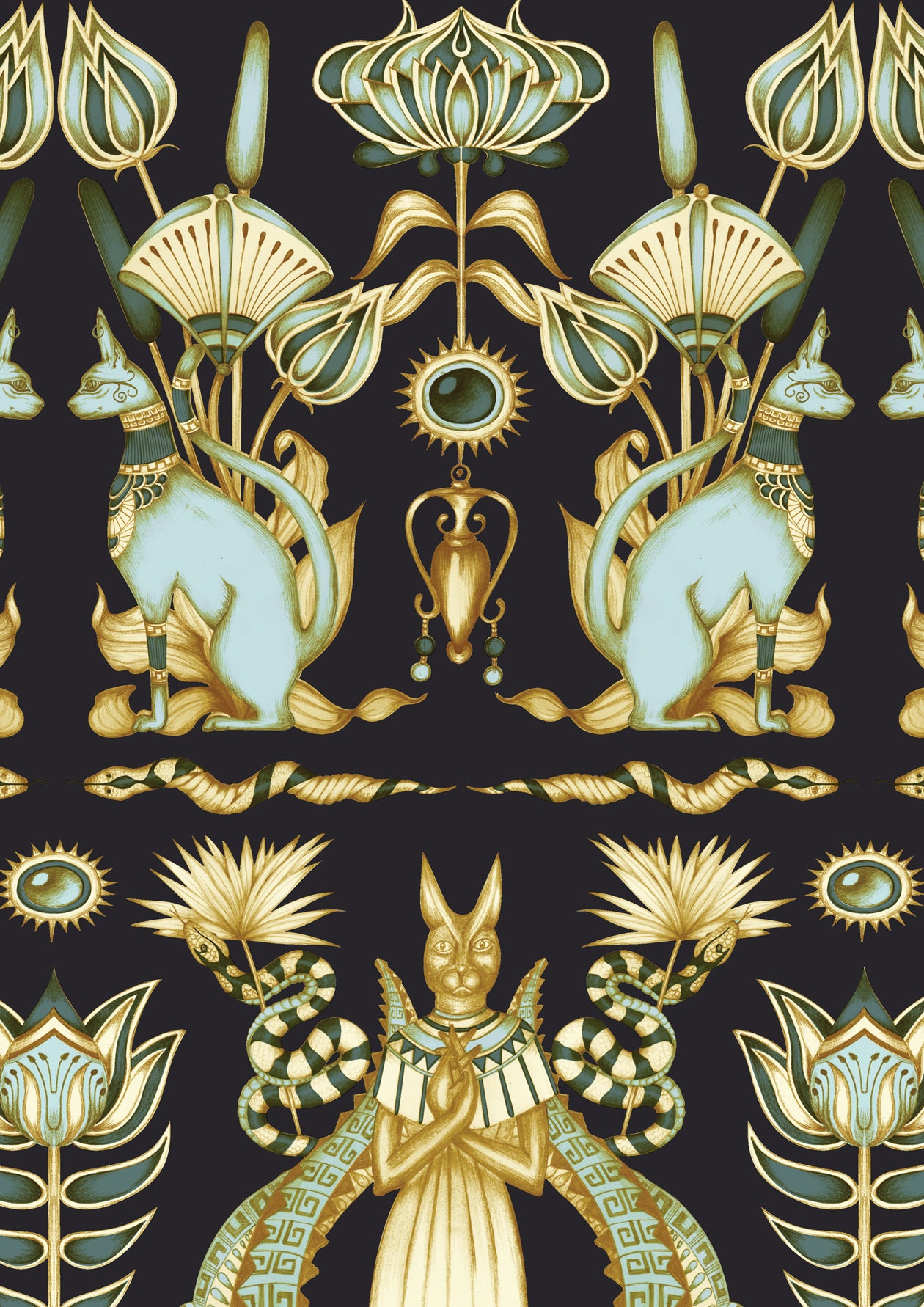 A3 wallpaper sample of Nefertiti Navy showing Egyptian motifs in cream, duck egg, and gold.