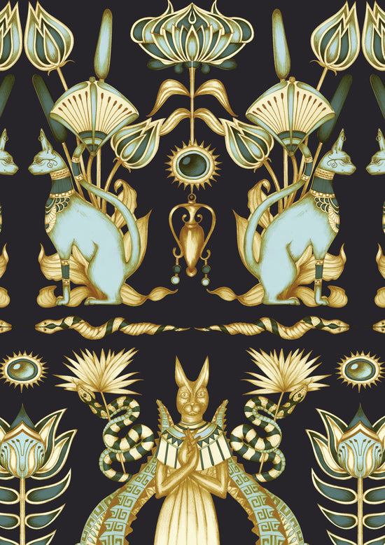 A3 wallpaper sample of Nefertiti Navy showing Egyptian motifs in cream, duck egg, and gold.