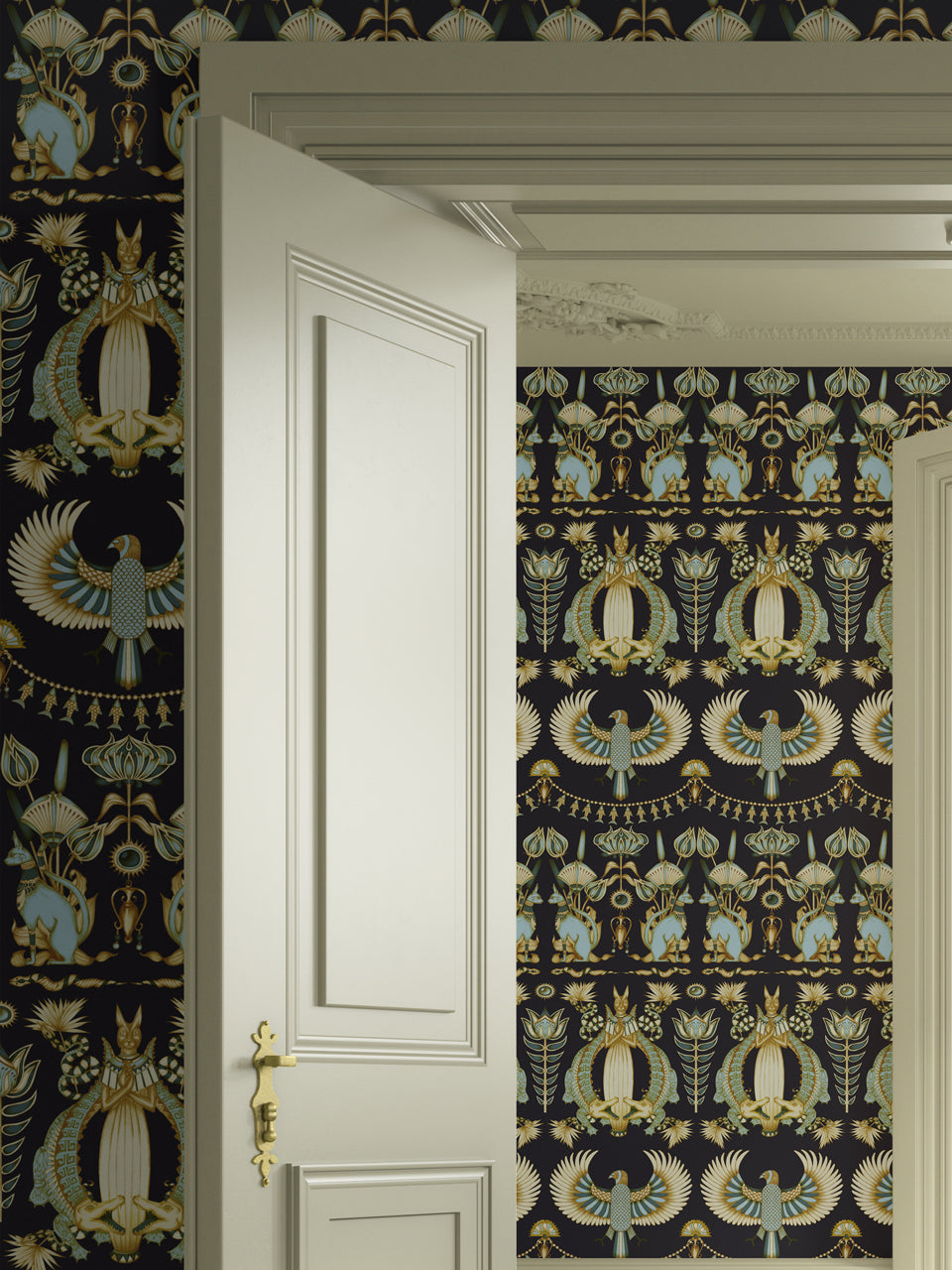 Nefertiti Navy wallpaper in a bedroom with midnight blue and duck egg Egyptian motifs.