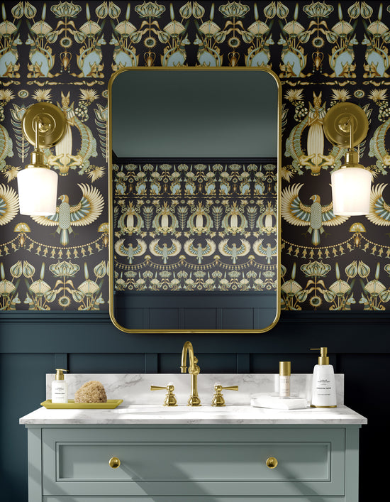 Close-up of Nefertiti Navy wallpaper in bathroom showing floral and Egyptian pattern details.