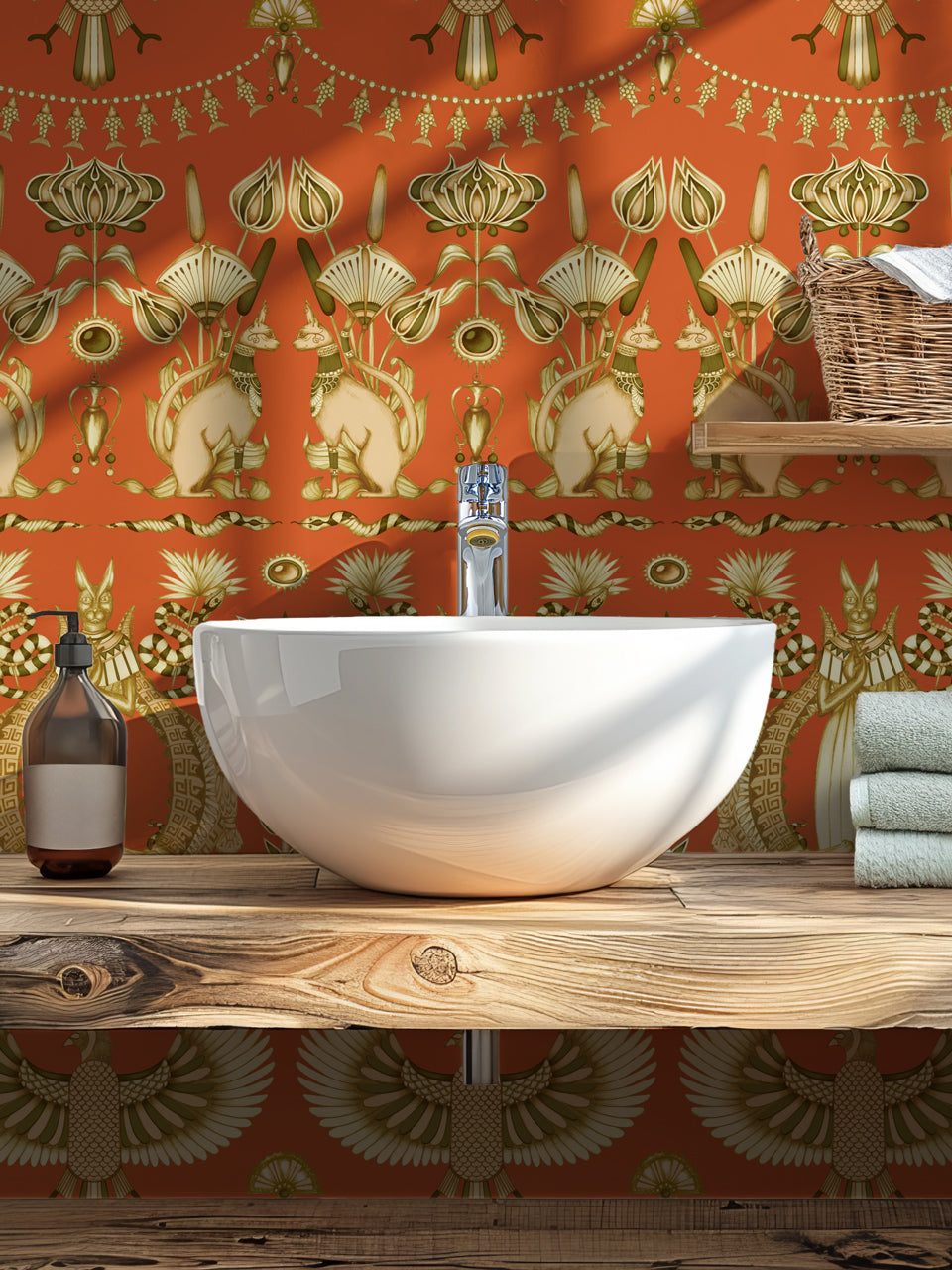 Nefertiti Orange wallpaper styled in a cloakroom with hand-drawn animals and papyrus detail.