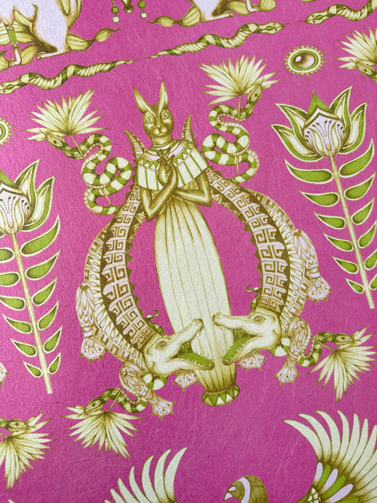 Crocodile and serpent print in olive green on gold-backed Nefertiti Pink wallpaper inspired by ancient myths.