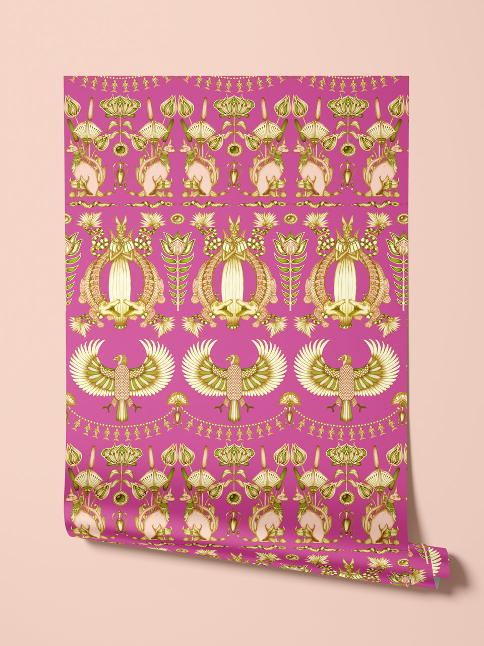 Rolled wallpaper sample showing shimmering gold parchment-style finish of Nefertiti Pink wallpaper.
