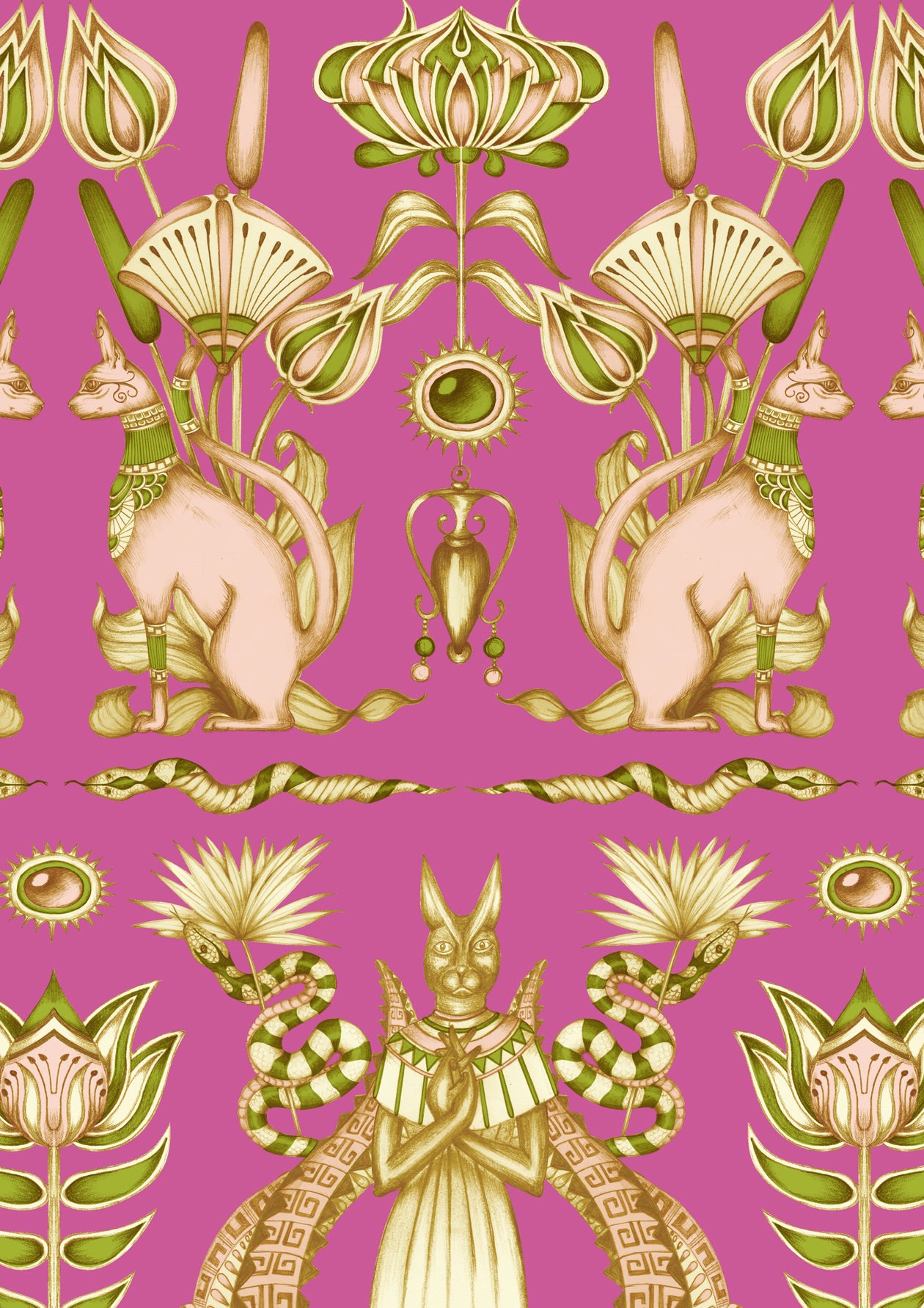 A3 wallpaper sample of Nefertiti Pink design with iridescent gold paper and illustrated motifs.