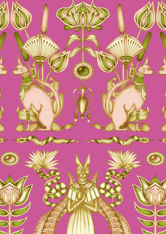 A3 wallpaper sample of Nefertiti Pink design with iridescent gold paper and illustrated motifs.