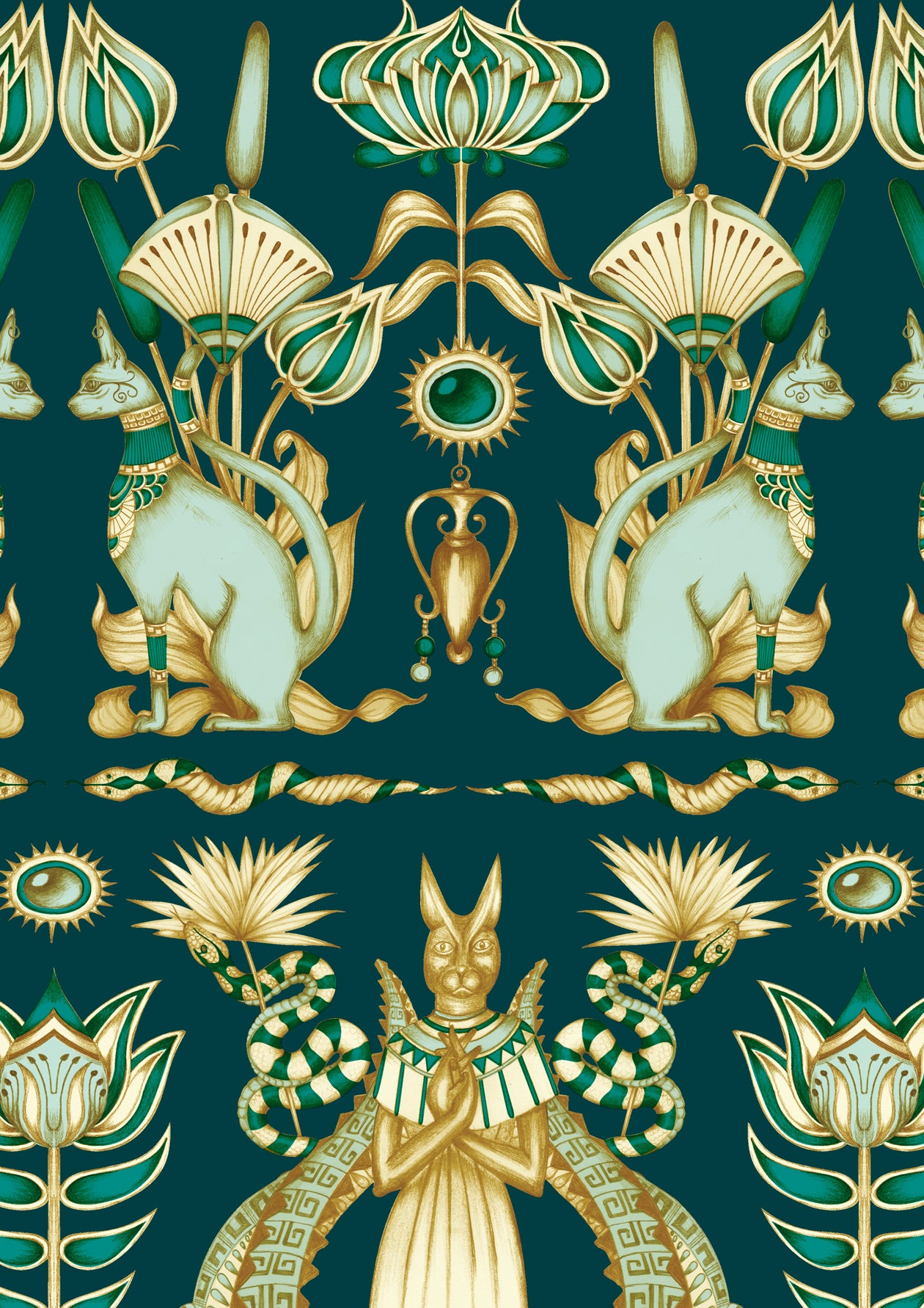 A3 sample of wallpaper with duck egg and gold on luxury parchment-style background.