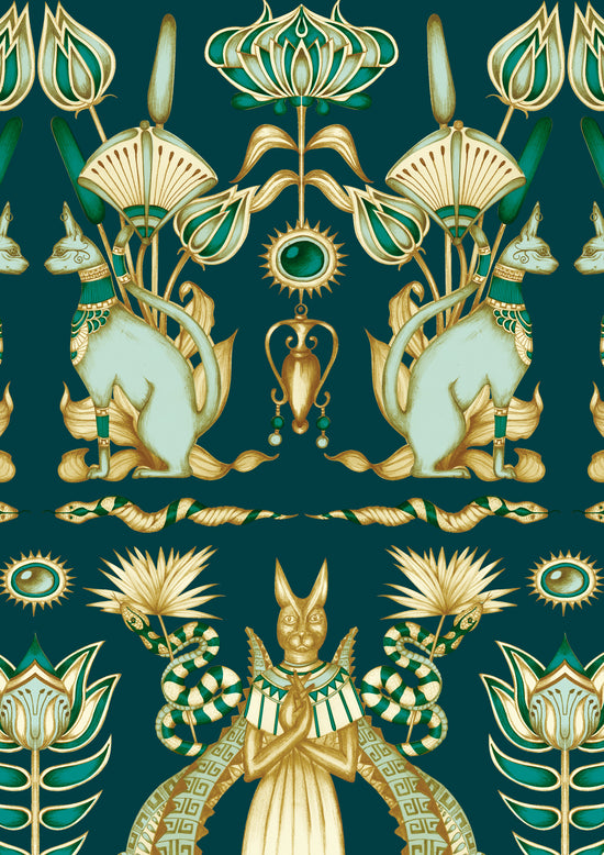 A3 sample of wallpaper with duck egg and gold on luxury parchment-style background.