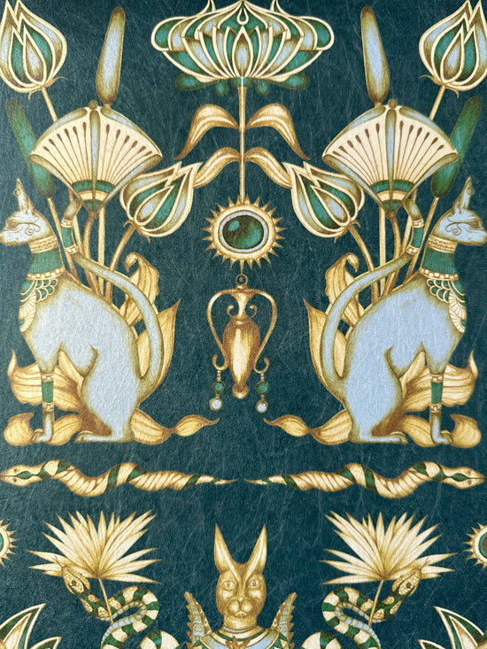 Egyptian cats and coiled snakes illustrated in duck egg with shimmering metallic finish.