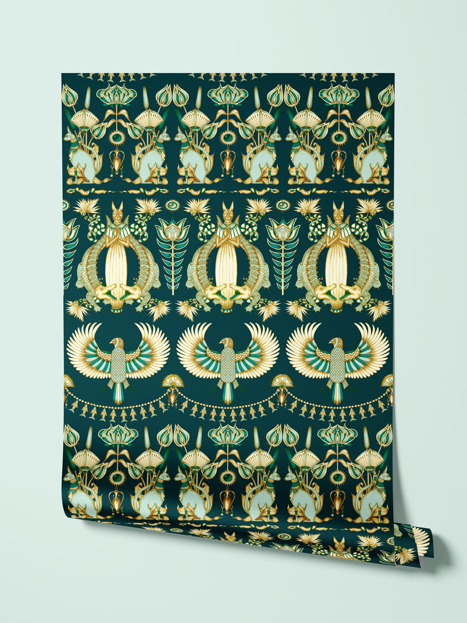 Rolled wallpaper with shimmering gold and ivory parchment-style Egyptian design.