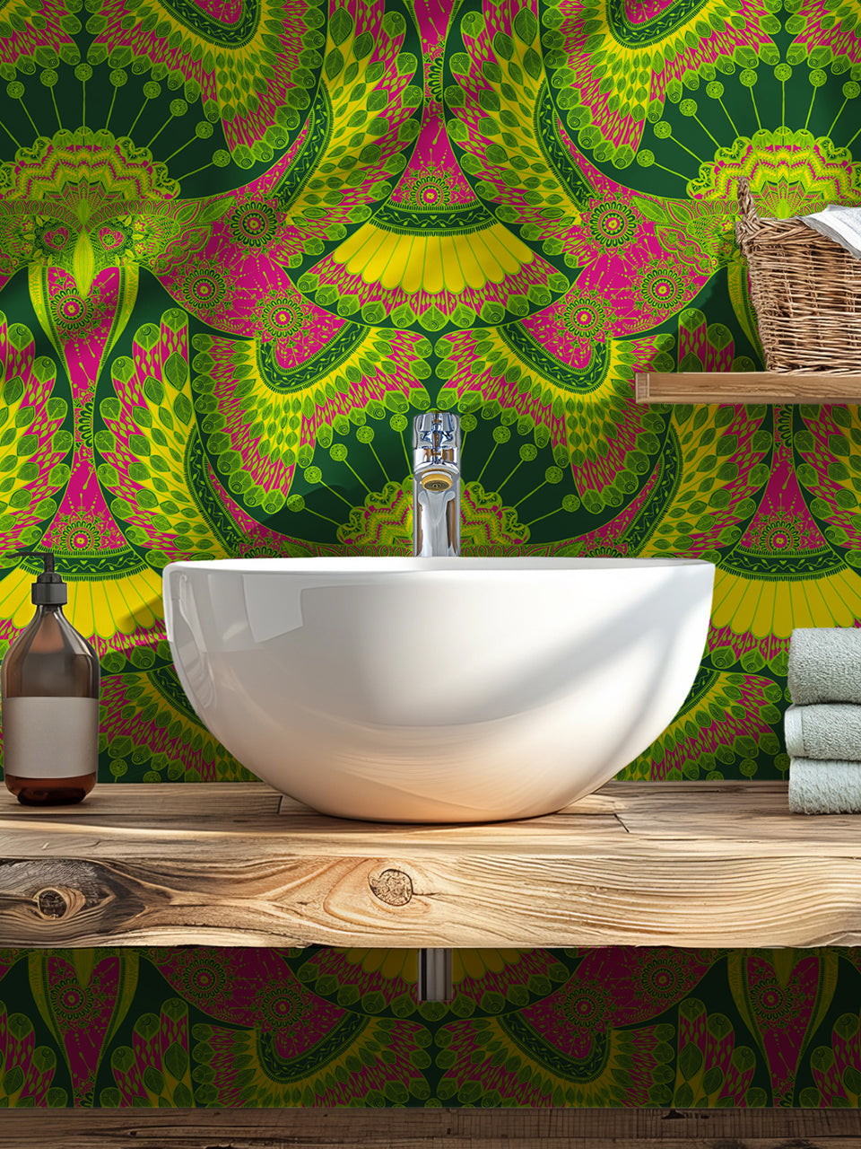 Close-up of Tota design with fluorescent green, fuchsia pink, and tropical bird detail.