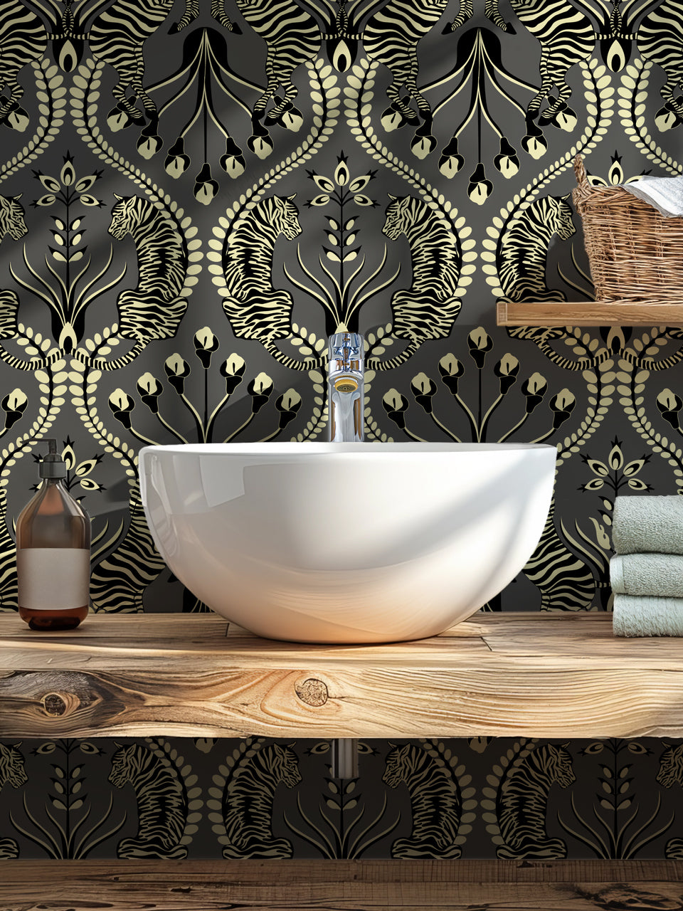 Cloakroom decorated with Secret Garden Safari Black wallpaper featuring opulent zebra, tiger and botanical print.