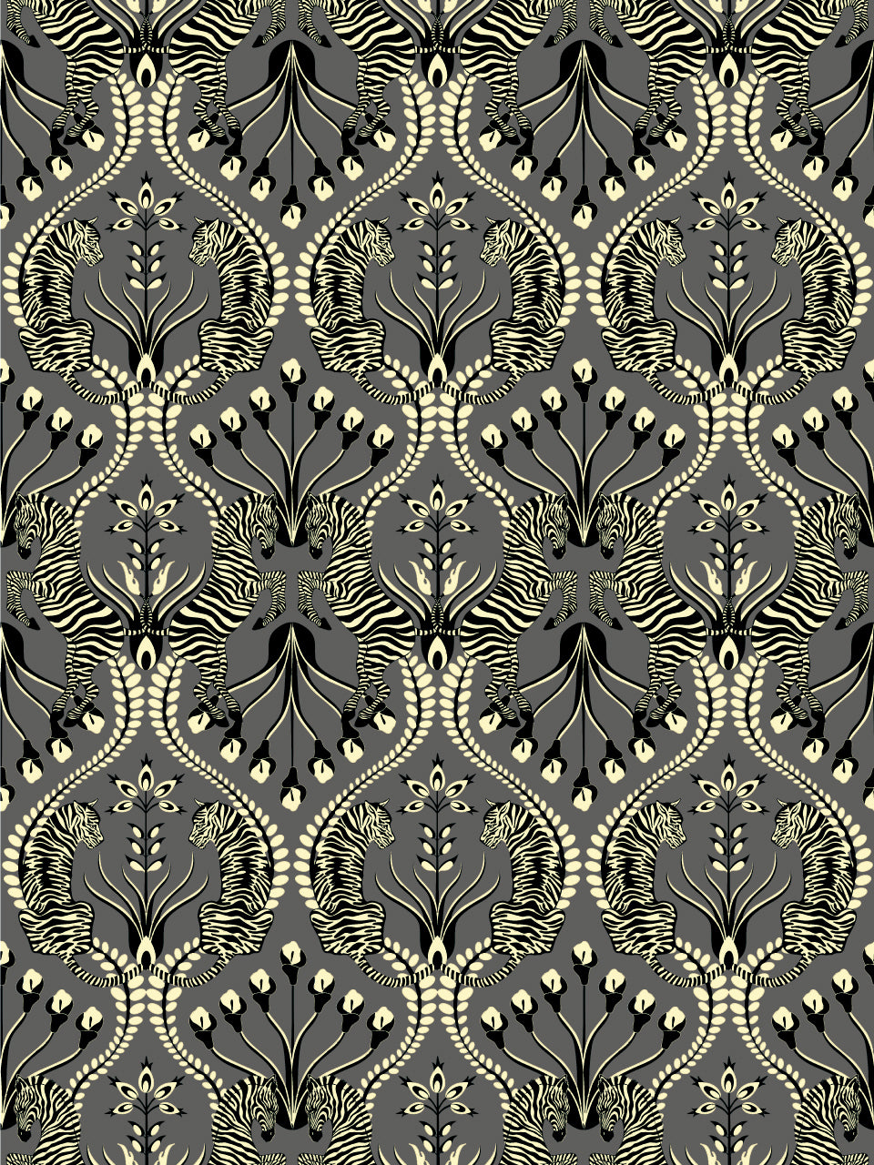 Decadent close-up of Secret Garden Safari wallpaper in Black, with gilded ivory flowers, tiger, and zebra.