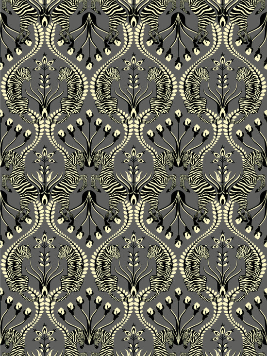 Decadent close-up of Secret Garden Safari wallpaper in Black, with gilded ivory flowers, tiger, and zebra.