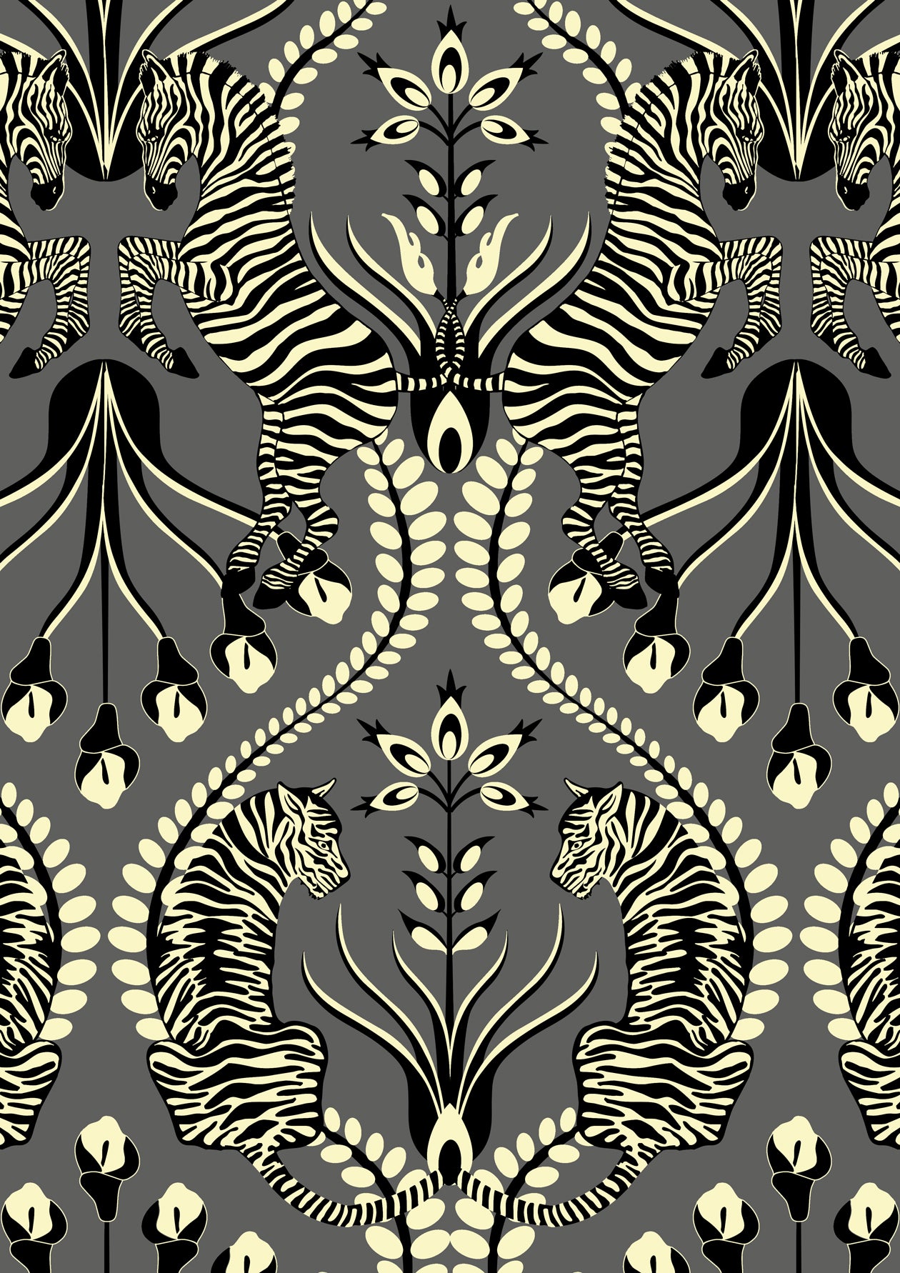 A3 sample of Secret Garden Safari Black wallpaper showing decadent gold animal print with tiger and zebra.