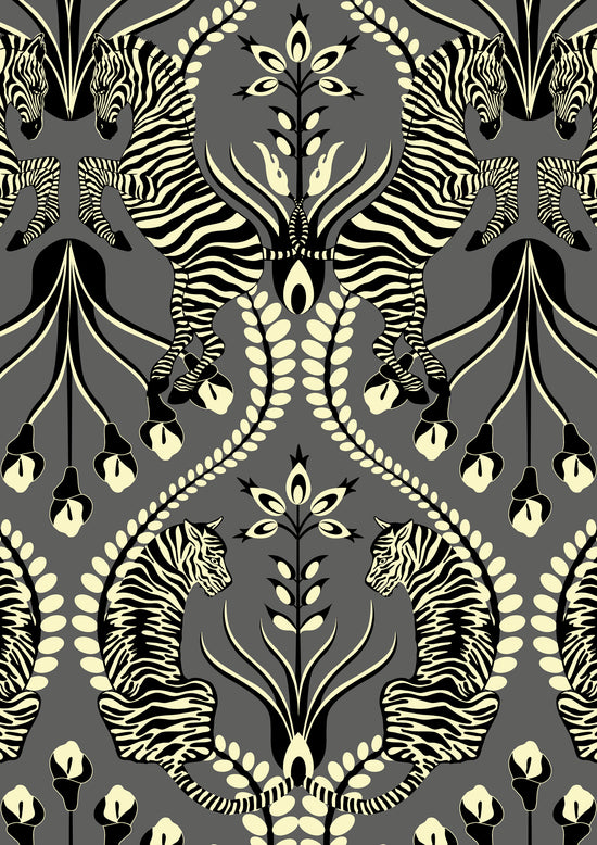 A3 sample of Secret Garden Safari Black wallpaper showing decadent gold animal print with tiger and zebra.