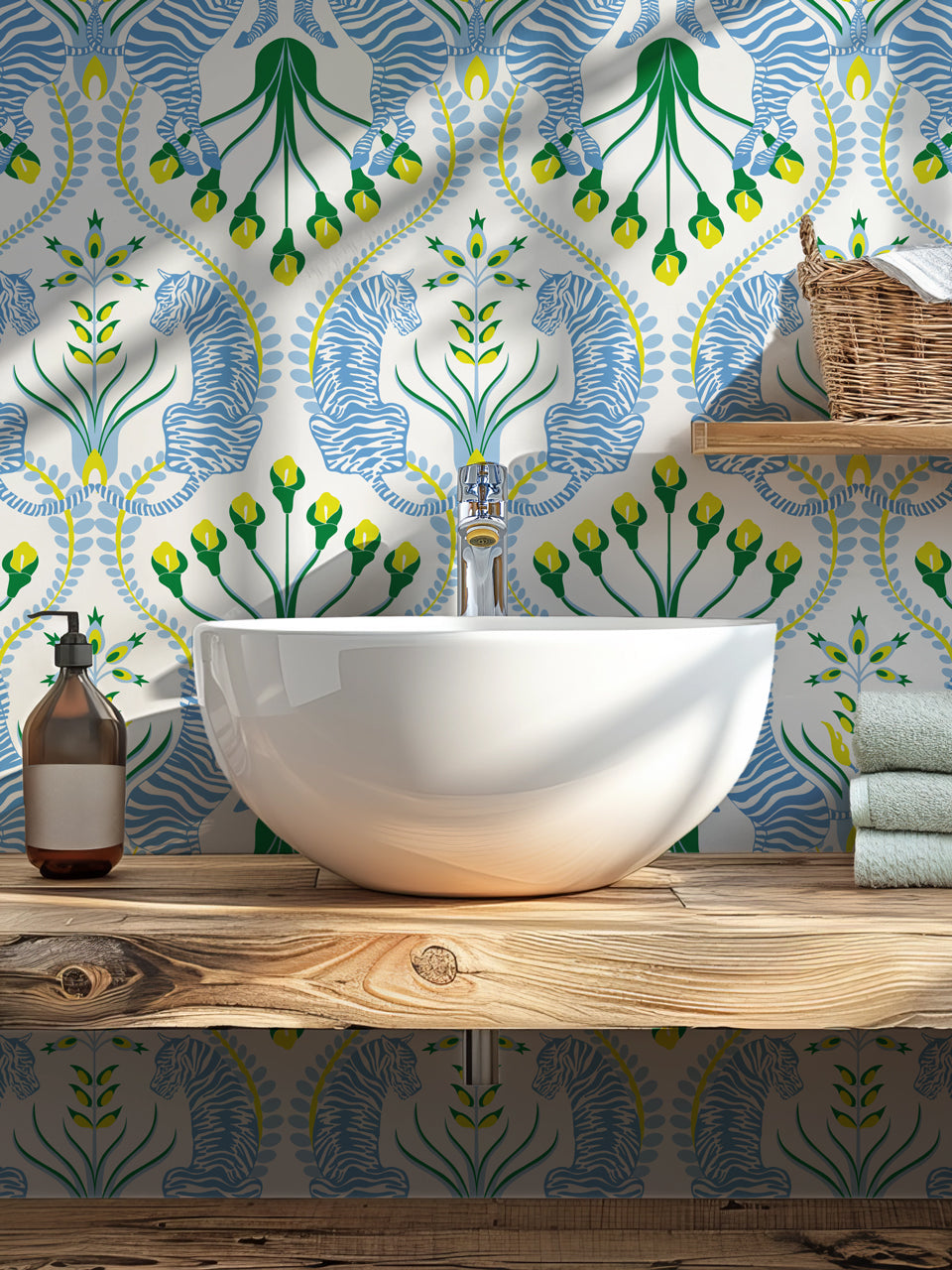 Blue and yellow folk-inspired wallpaper in a cottage-style powder room with zebras and tigers.