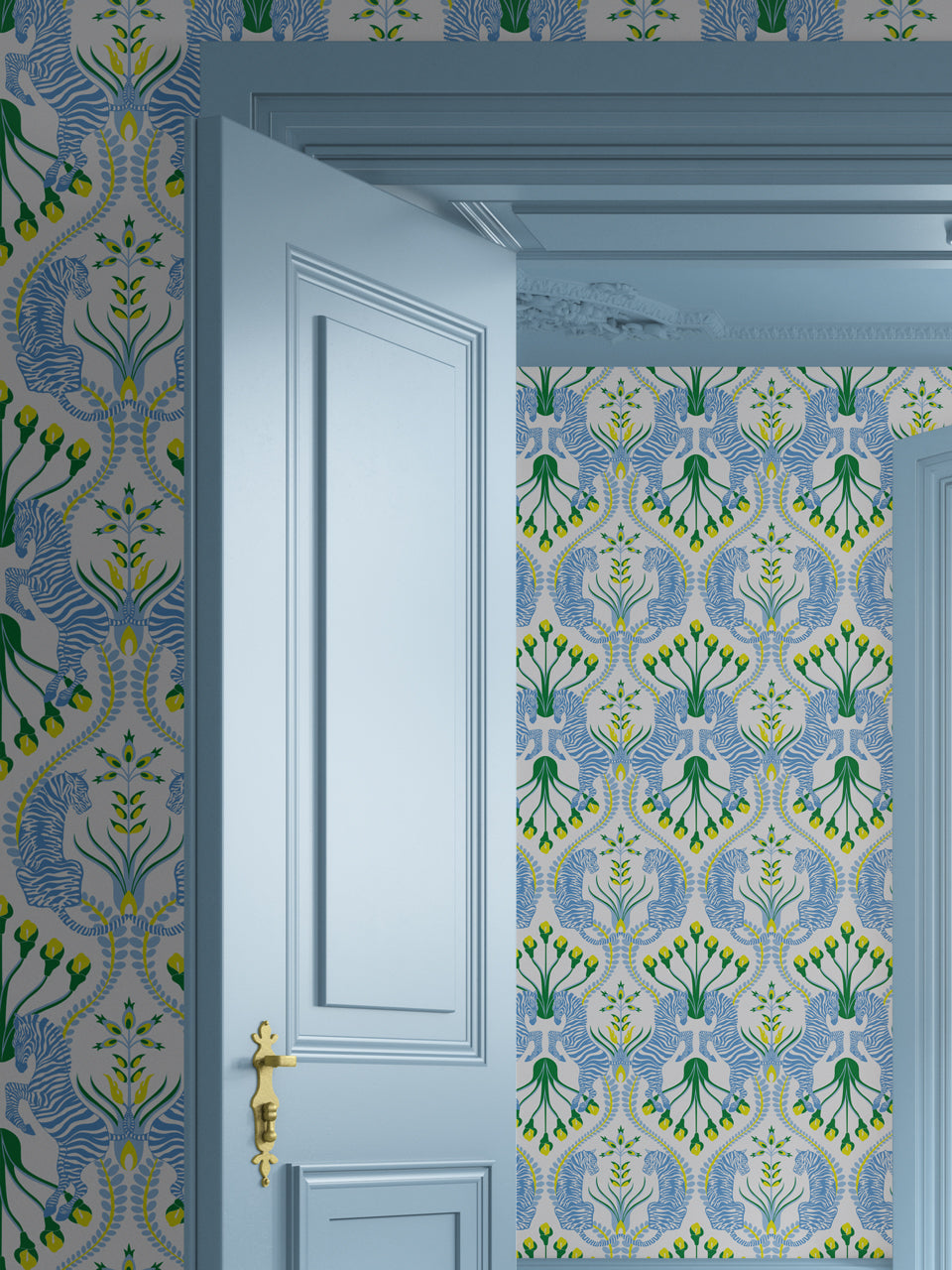 Secret Garden Safari Blue wallpaper in a bedroom setting with cornflower and lemon tones and animal motifs.