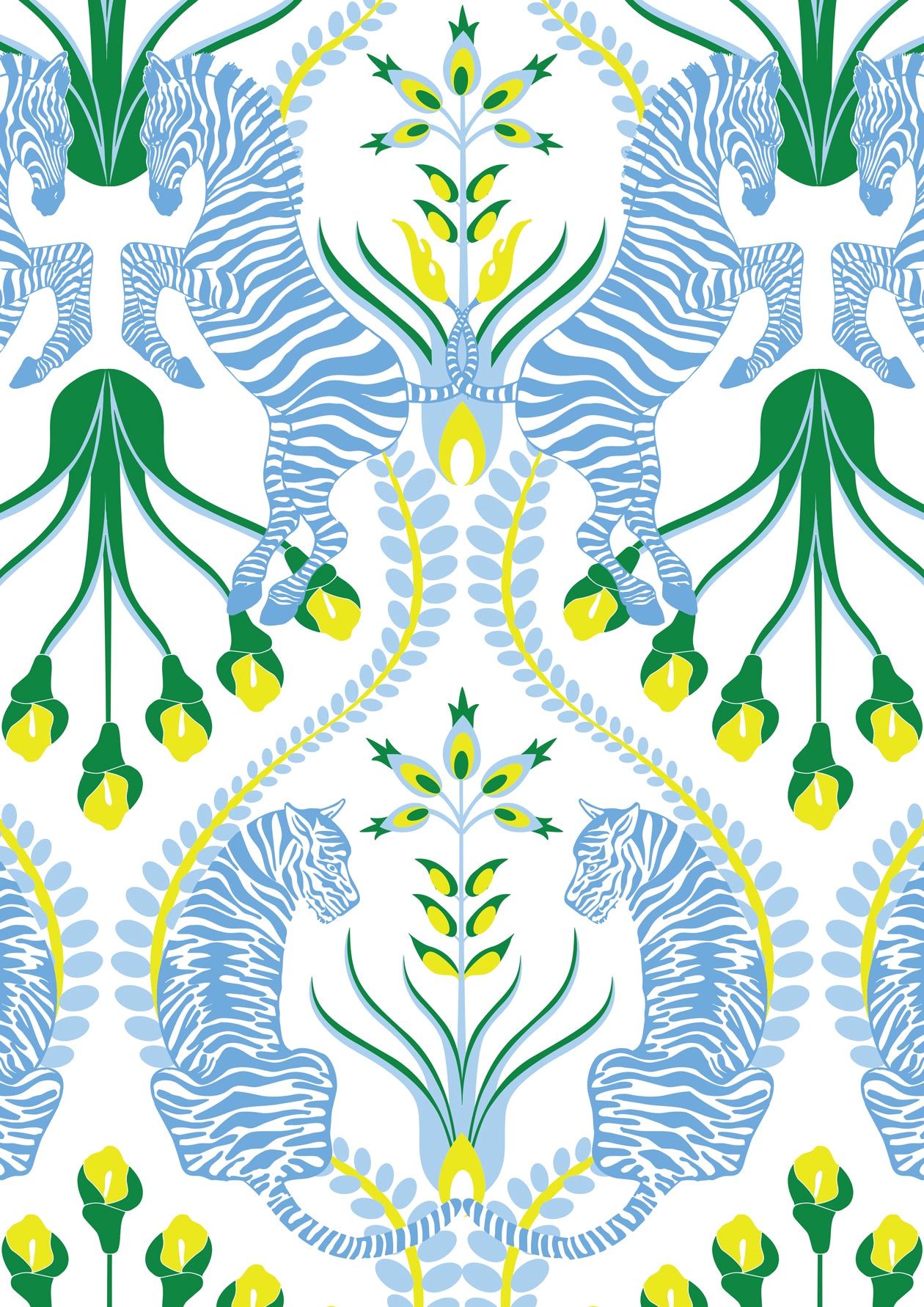 Alt Text: Cottagecore-style blue wallpaper with lemon folk florals, tigers and zebras in a playful symmetrical layout