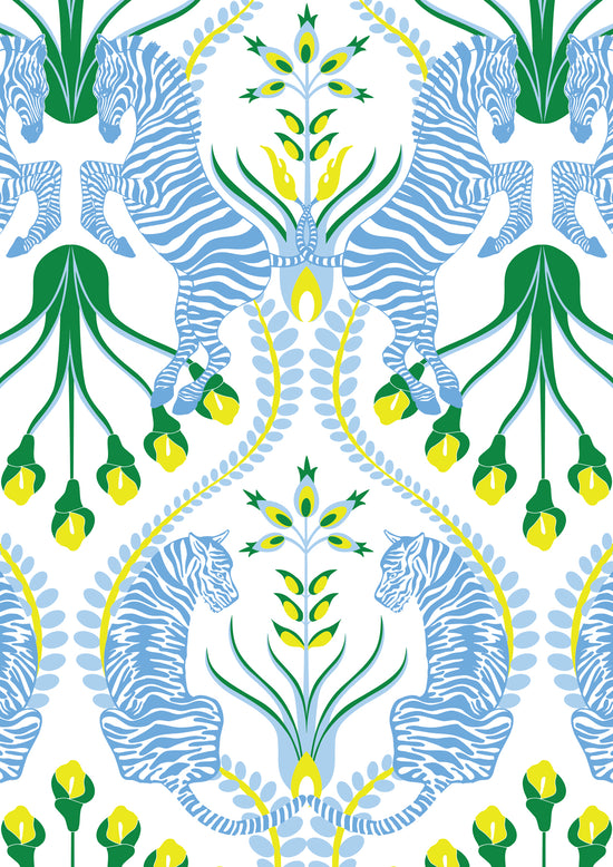 Alt Text: Cottagecore-style blue wallpaper with lemon folk florals, tigers and zebras in a playful symmetrical layout