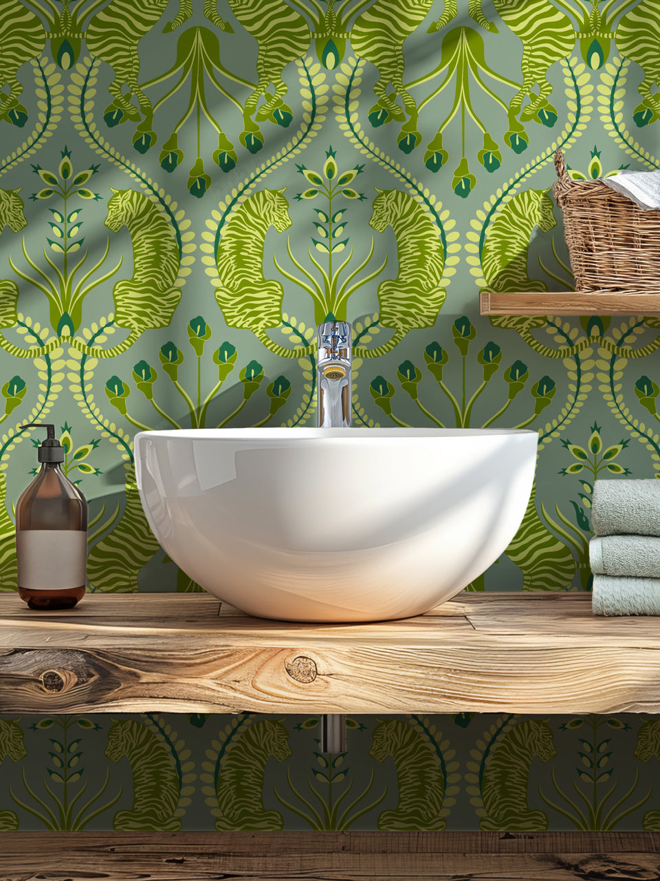 Cloakroom interior with Secret Garden Safari Green wallpaper in earthy tones featuring zebra and tiger print.