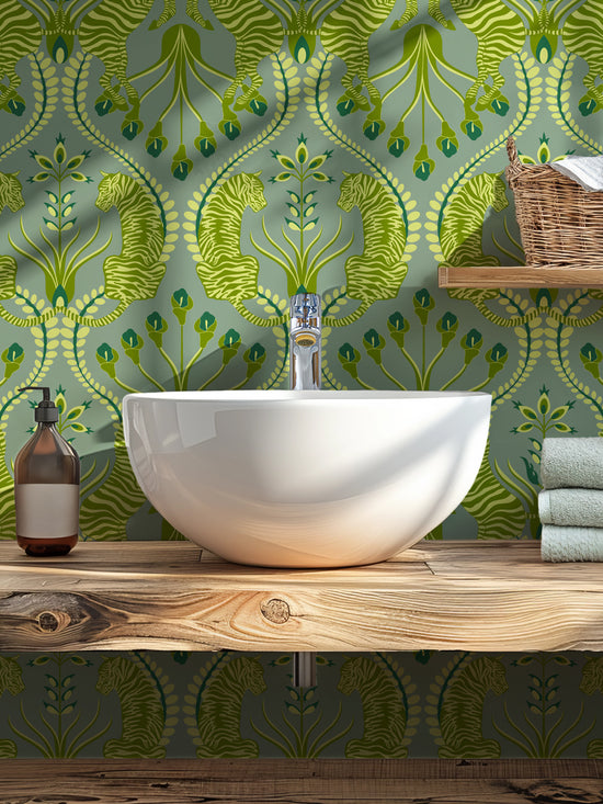 Cloakroom interior with Secret Garden Safari Green wallpaper in earthy tones featuring zebra and tiger print.