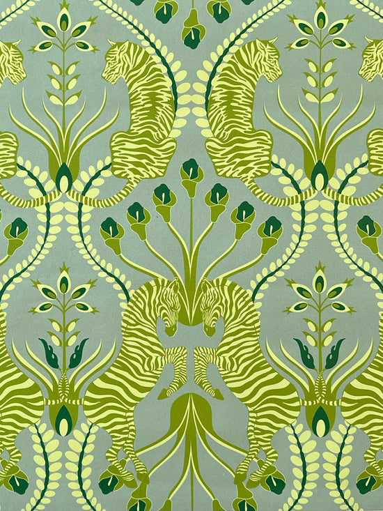 Detailed zebra print from Secret Garden Safari Green wallpaper featuring moss and olive foliage in a maximalist floral style.
