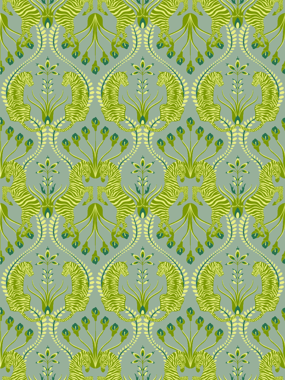 Close-up of Secret Garden Safari Green wallpaper showing vintage-style tigers and zebras surrounded by olive and moss green foliage.