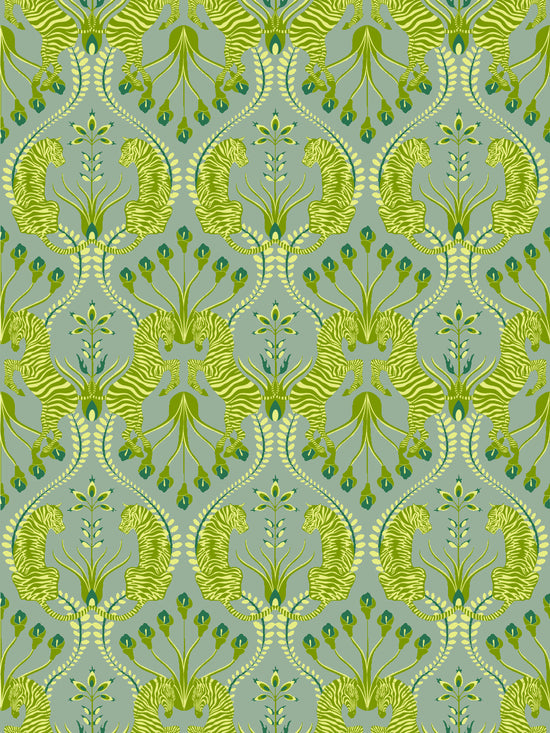 Close-up of Secret Garden Safari Green wallpaper showing vintage-style tigers and zebras surrounded by olive and moss green foliage.
