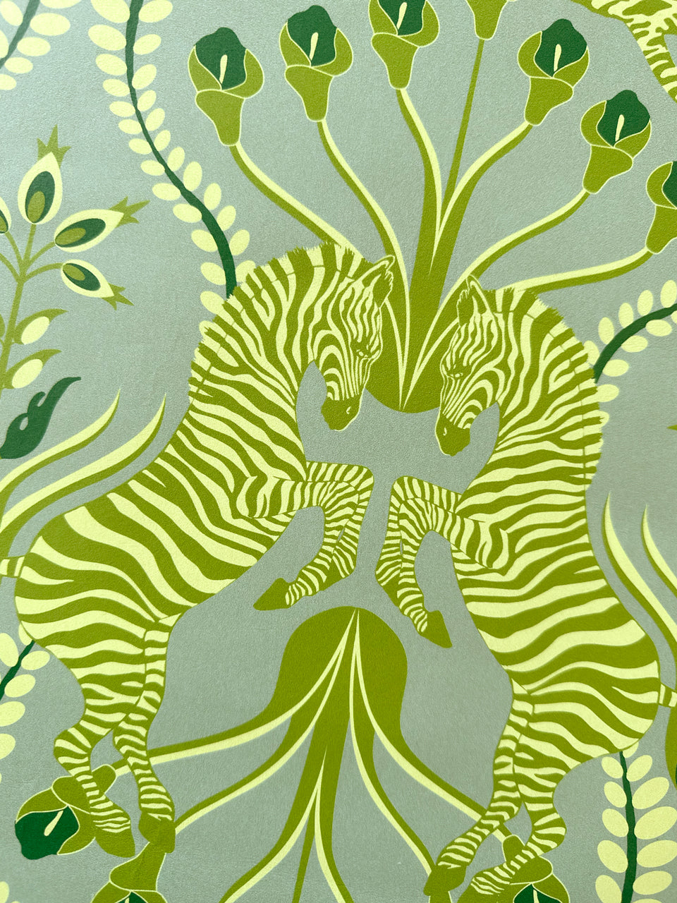 Detailed zebra print from Secret Garden Safari Green wallpaper featuring moss and olive foliage in a maximalist floral style.