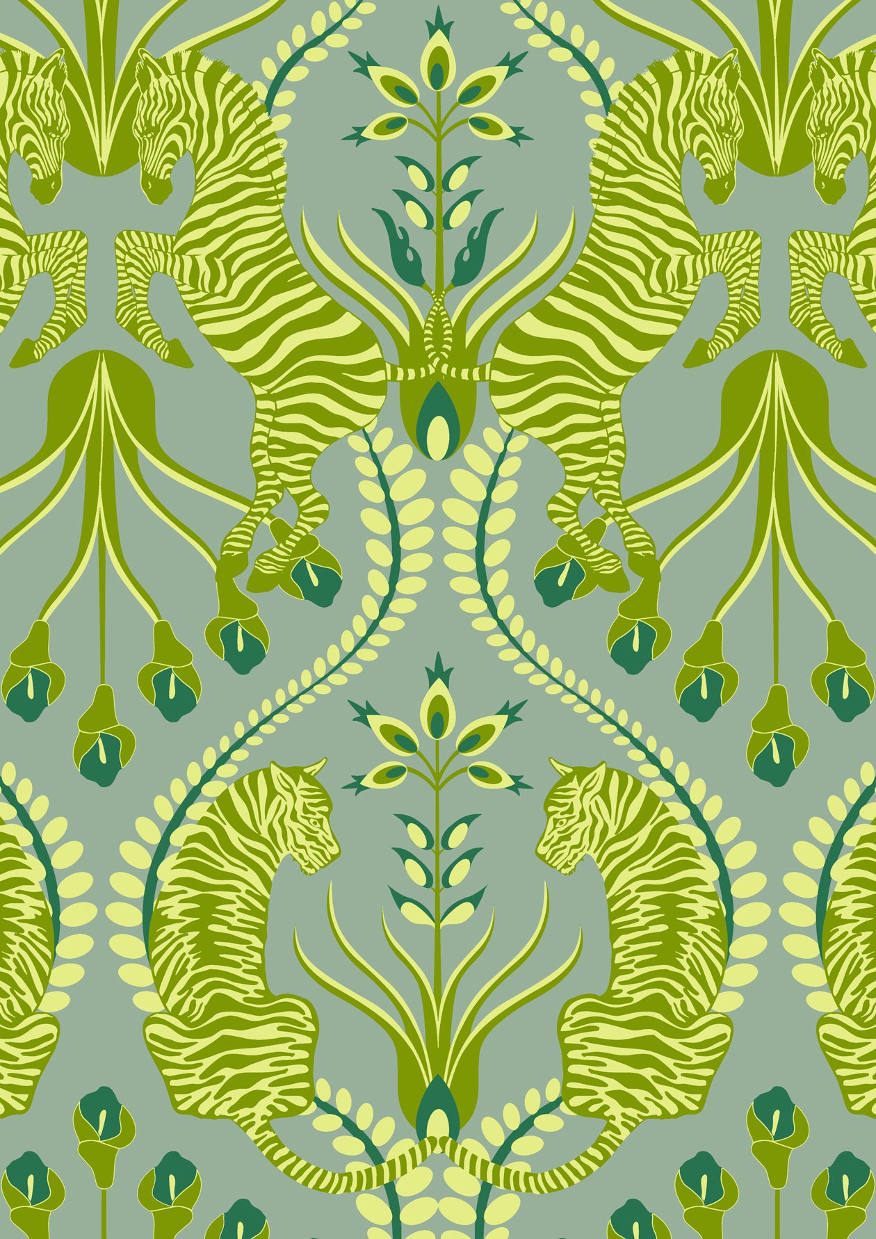 : A3 sample sheet of Secret Garden Safari Green wallpaper showing botanical tiger and zebra pattern in olive and moss.