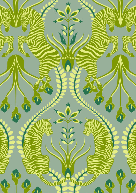: A3 sample sheet of Secret Garden Safari Green wallpaper showing botanical tiger and zebra pattern in olive and moss.