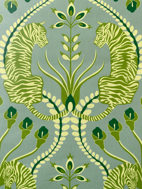 Statement tiger illustration on olive-toned background in Secret Garden Safari Green wallpaper with nature-inspired linework.