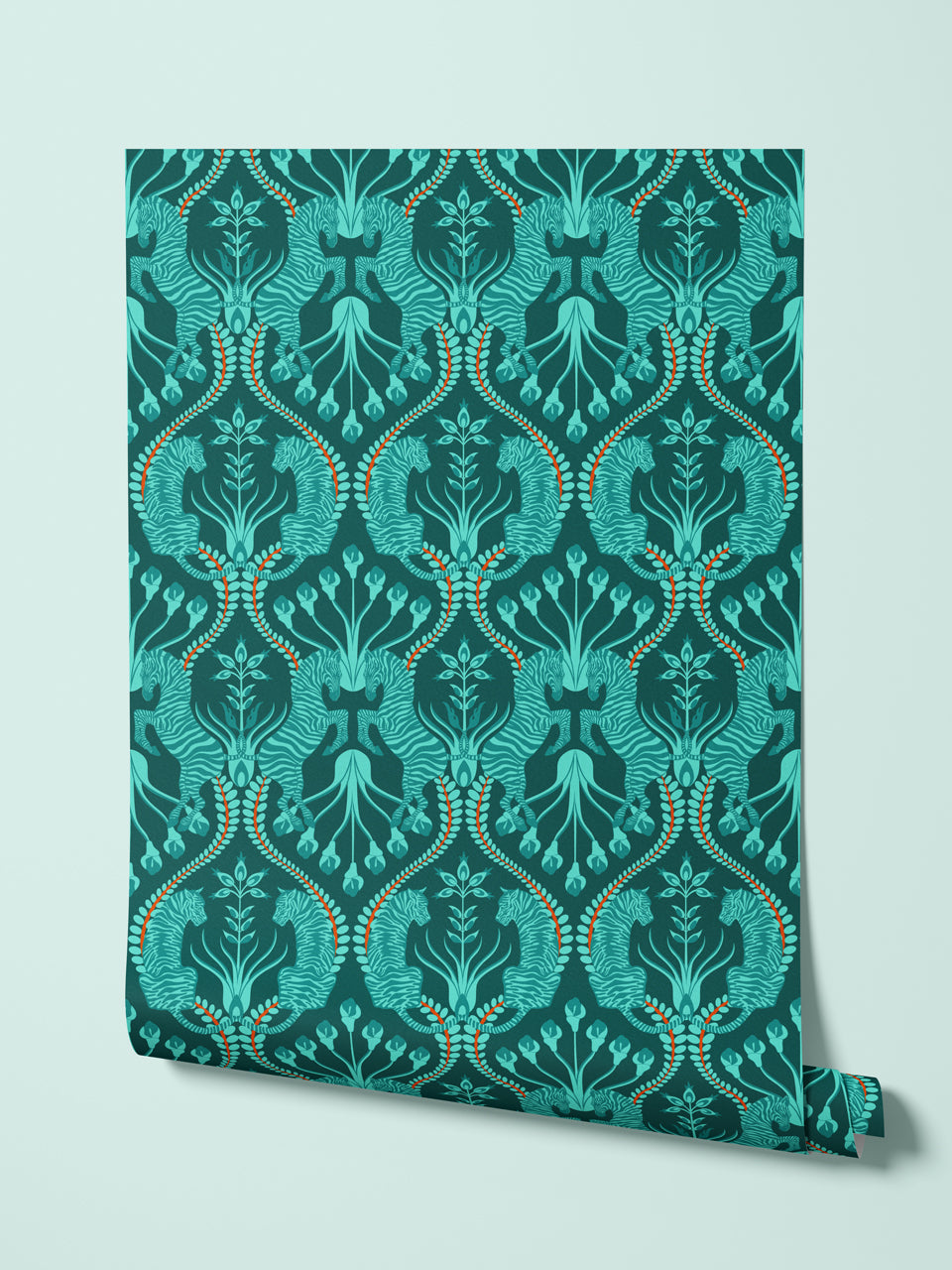 Secret garden safari teal hanging wallpaper roll teal zebra tiger mandarin maximalist