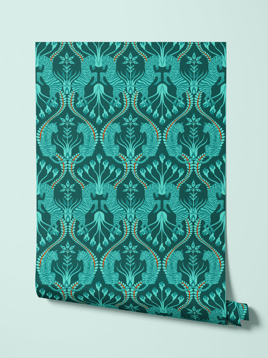 Secret garden safari teal hanging wallpaper roll teal zebra tiger mandarin maximalist
