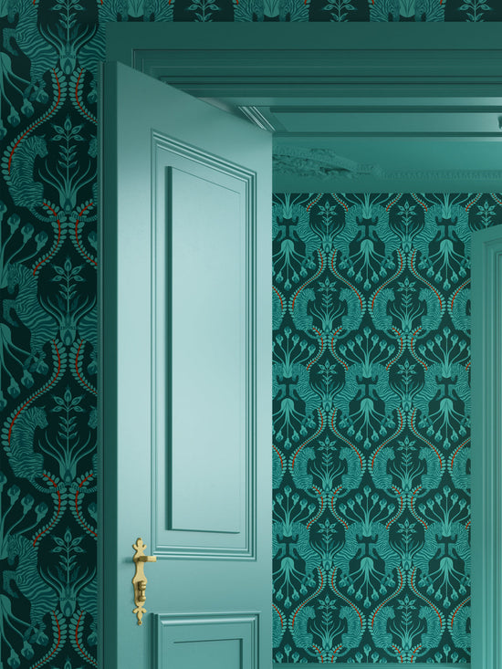 Secret garden safari teal wallpaper apartment decor dark teal zebra botanical luxury