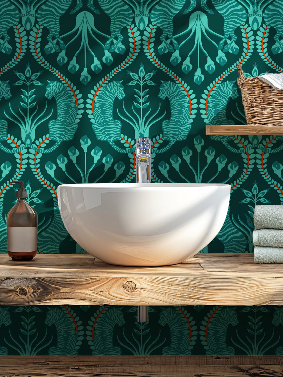 Secret garden safari teal wallpaper bathroom style verdigris orange floral modern