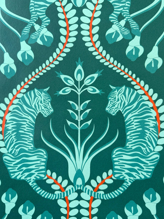 Secret garden safari teal wallpaper dark teal zebra tiger orange botanical detail