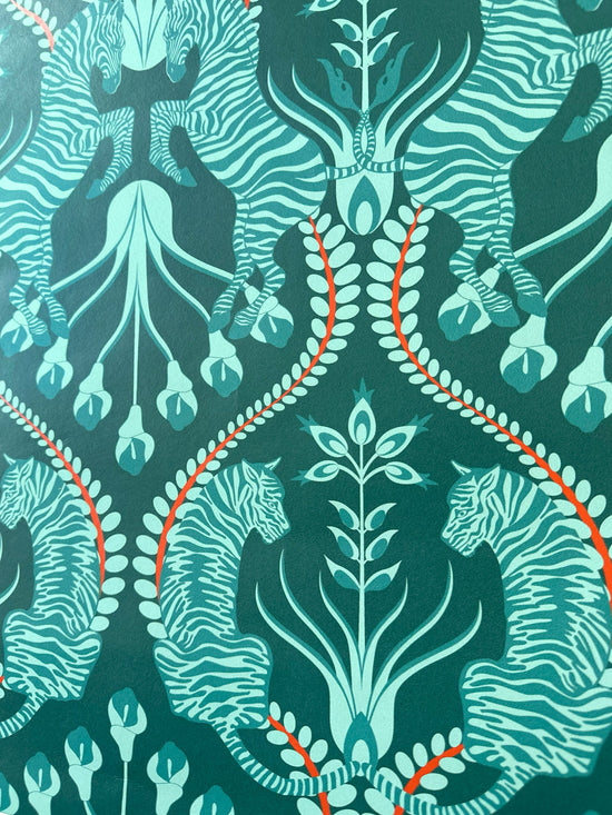 Secret garden safari teal wallpaper deep teal tiger zebra verdigris flourish eclectic