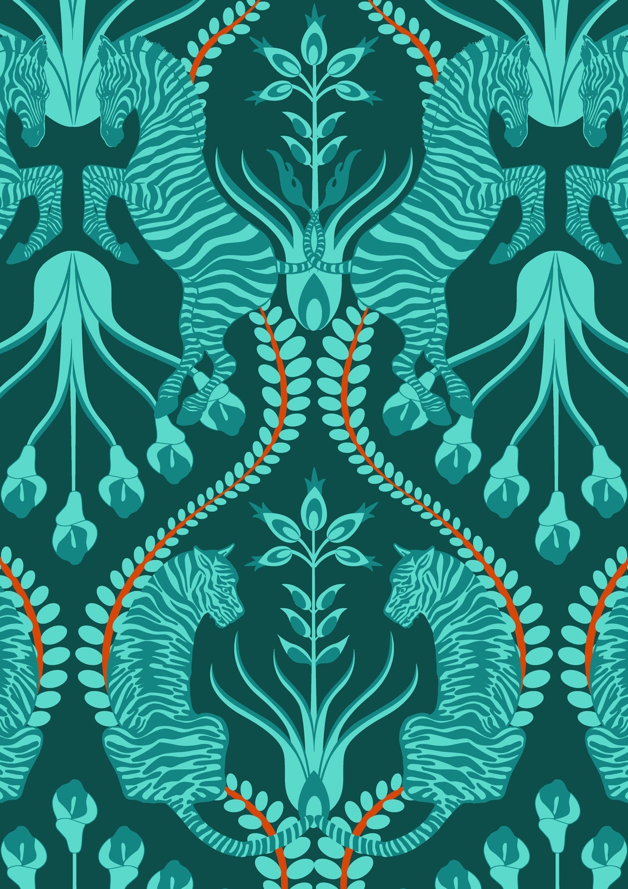 Secret garden safari teal wallpaper sample verdigris folk floral orange decorators guide