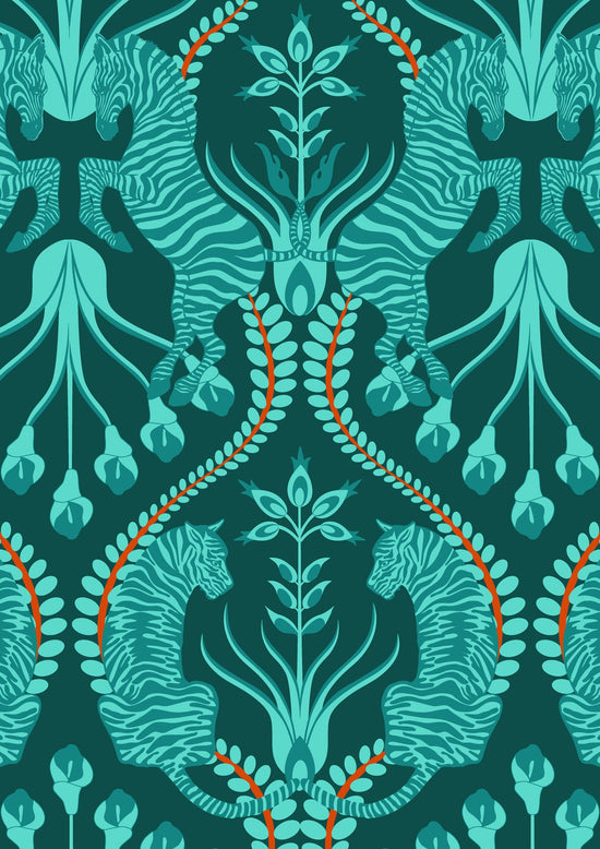 Secret garden safari teal wallpaper sample verdigris folk floral orange decorators guide