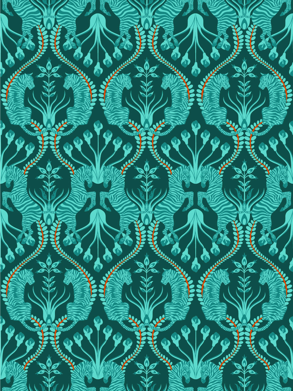 Secret garden safari teal wallpaper turquoise tiger zebra verdigris folk design