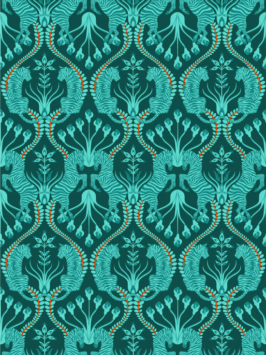 Secret garden safari teal wallpaper turquoise tiger zebra verdigris folk design
