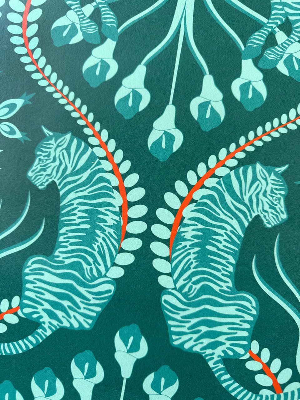 Secret garden safari teal wallpaper turquoise zebra orange folk motif luxury wallpaper